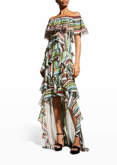 Badgley Mischka Multi-Stripe Off-Shoulder High-Low Dress