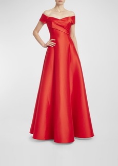 Badgley Mischka Off-Shoulder Pleated A-Line Gown