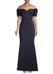 Badgley Mischka Off-The-Shoulder Bow-Sleeve Gown