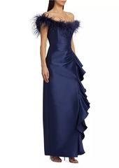 Badgley Mischka Off-The-Shoulder Feather Trimmed Asymmetrical Ruffle Gown