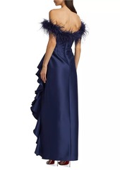 Badgley Mischka Off-The-Shoulder Feather Trimmed Asymmetrical Ruffle Gown