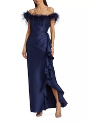 Badgley Mischka Off-The-Shoulder Feather Trimmed Asymmetrical Ruffle Gown