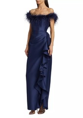 Badgley Mischka Off-The-Shoulder Feather Trimmed Asymmetrical Ruffle Gown