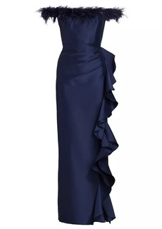 Badgley Mischka Off-The-Shoulder Feather Trimmed Asymmetrical Ruffle Gown