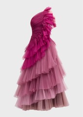 Badgley Mischka One-Shoulder Ombre Tiered Tulle Gown