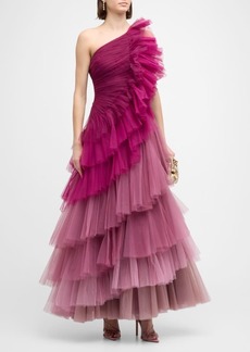 Badgley Mischka One-Shoulder Ombre Tiered Tulle Gown