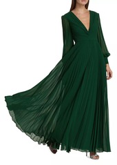 Badgley Mischka Pleated V-Neck Gown