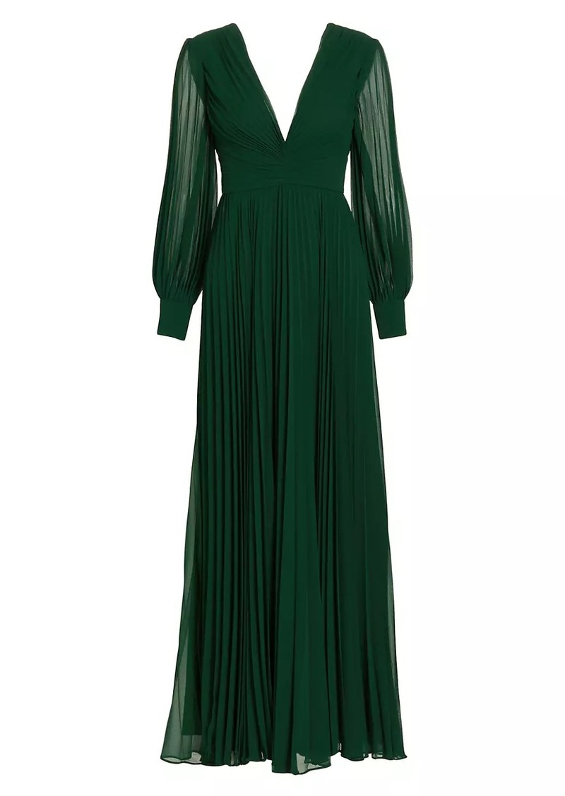 Badgley Mischka Pleated V-Neck Gown