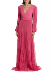 Badgley Mischka Plissé Georgette & Lace Godet Belted Gown