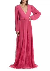 Badgley Mischka Plissé Georgette & Lace Godet Belted Gown