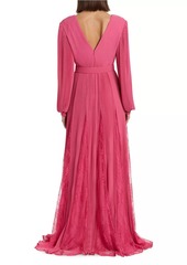 Badgley Mischka Plissé Georgette & Lace Godet Belted Gown