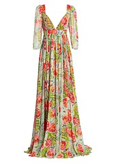 Badgley Mischka Puff-Sleeve Floral Printed Gown