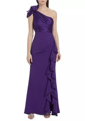 Badgley Mischka Rosette One-Shoulder Gown