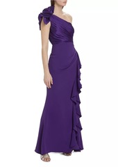 Badgley Mischka Rosette One-Shoulder Gown