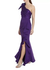 Badgley Mischka Rosette One-Shoulder Gown