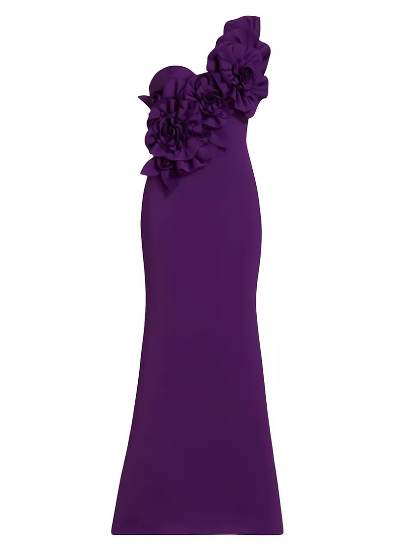 Badgley Mischka Rosette One-Shoulder Gown