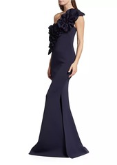 Badgley Mischka Ruffle One-Shoulder Gown