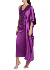 Badgley Mischka Satin Draped Cape-Sleeve Maxi Dress