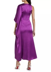 Badgley Mischka Satin Draped Cape-Sleeve Maxi Dress