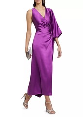 Badgley Mischka Satin Draped Cape-Sleeve Maxi Dress