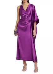 Badgley Mischka Satin Draped Cape-Sleeve Maxi Dress