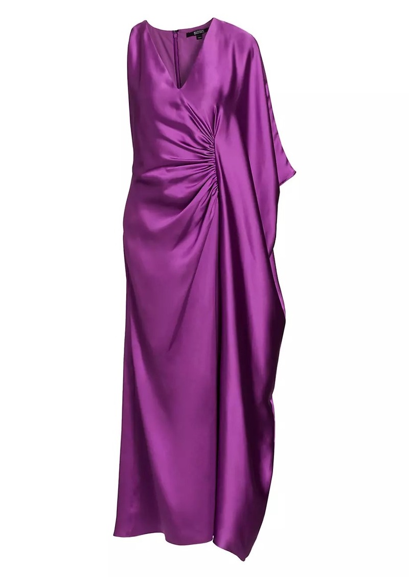 Badgley Mischka Satin Draped Cape-Sleeve Maxi Dress