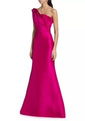 Badgley Mischka Satin Mikado Asymmetric Strapless Gown