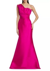 Badgley Mischka Satin Mikado Asymmetric Strapless Gown