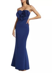 Badgley Mischka Scuba Rosette Strapless Gown