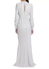 Badgley Mischka Sequin Long-Sleeve Belted Gown