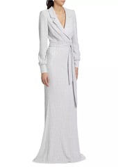 Badgley Mischka Sequin Long-Sleeve Belted Gown