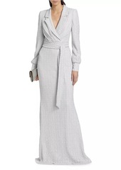 Badgley Mischka Sequin Long-Sleeve Belted Gown