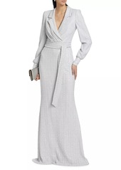 Badgley Mischka Sequin Long-Sleeve Belted Gown