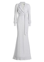 Badgley Mischka Sequin Long-Sleeve Belted Gown