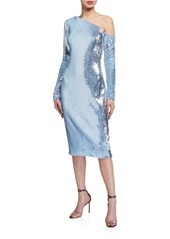 Badgley Mischka Sequin One-Shoulder Long-Sleeve Sheath Dress