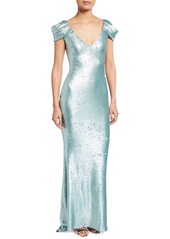 Badgley Mischka Sequined Draped-Sleeve Gown