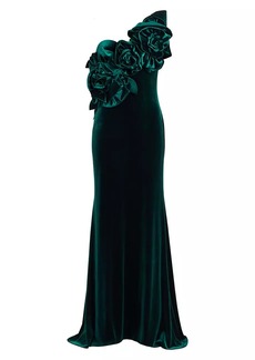 Badgley Mischka Solid Rosette Velvet One-Shoulder Gown