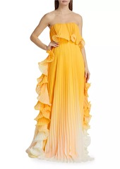 Badgley Mischka Strapless Ombréd Ruffled Gown