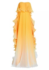 Badgley Mischka Strapless Ombréd Ruffled Gown