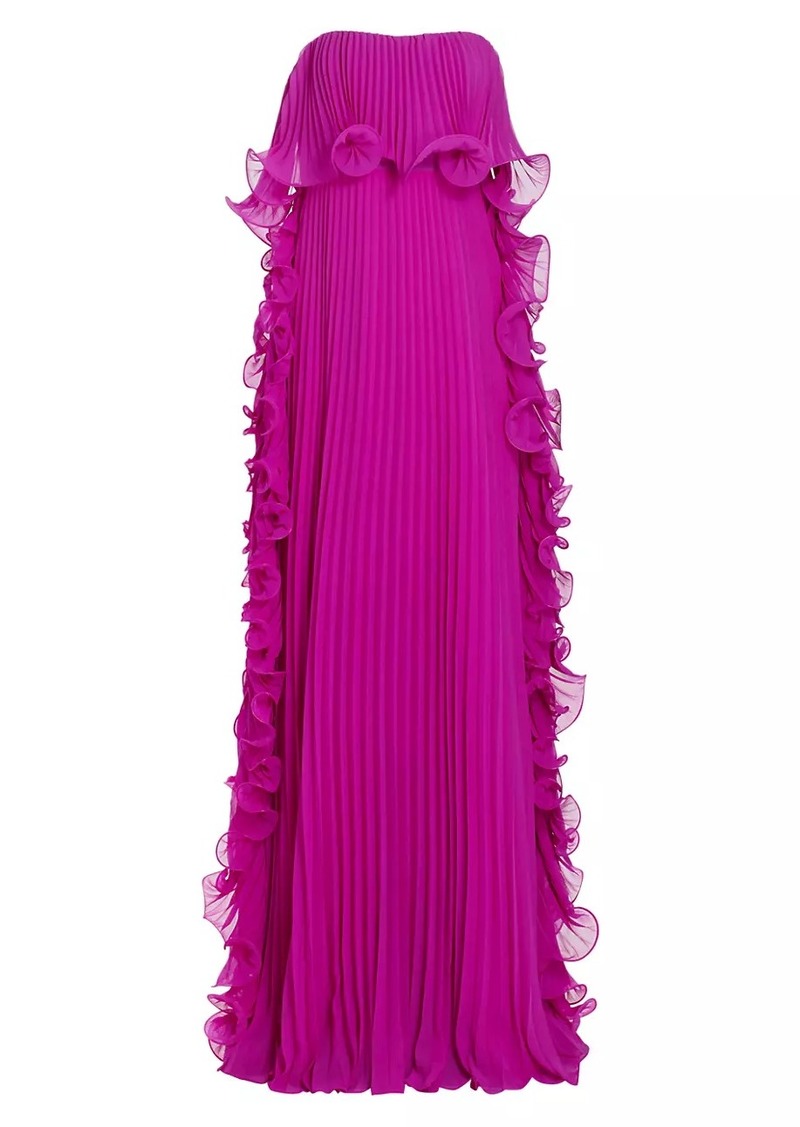 Badgley Mischka Strapless Pleated Ruffle Gown