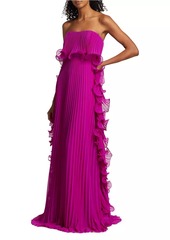 Badgley Mischka Strapless Pleated Ruffle Gown