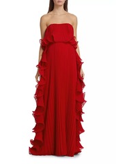 Badgley Mischka Strapless Pleated Ruffle Gown