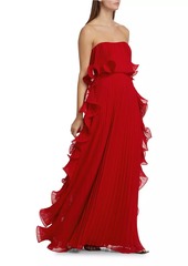 Badgley Mischka Strapless Pleated Ruffle Gown