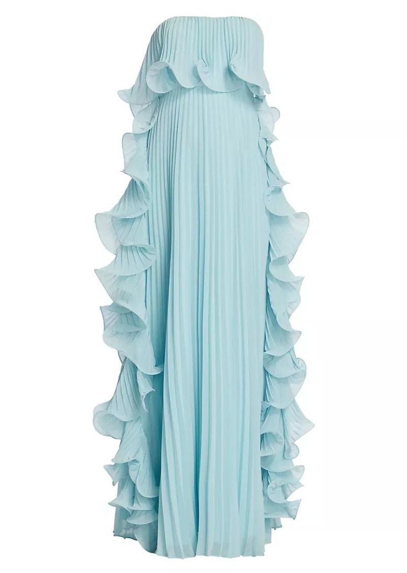 Badgley Mischka Strapless Pleated Ruffle Gown