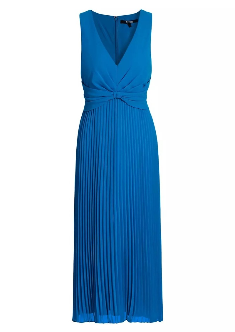 Badgley Mischka Sunburst Pleated Bow-Waist Midi-Dress