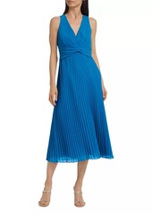 Badgley Mischka Sunburst Pleated Bow-Waist Midi-Dress