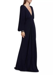 Badgley Mischka V-Neck Draped Beaded Gown