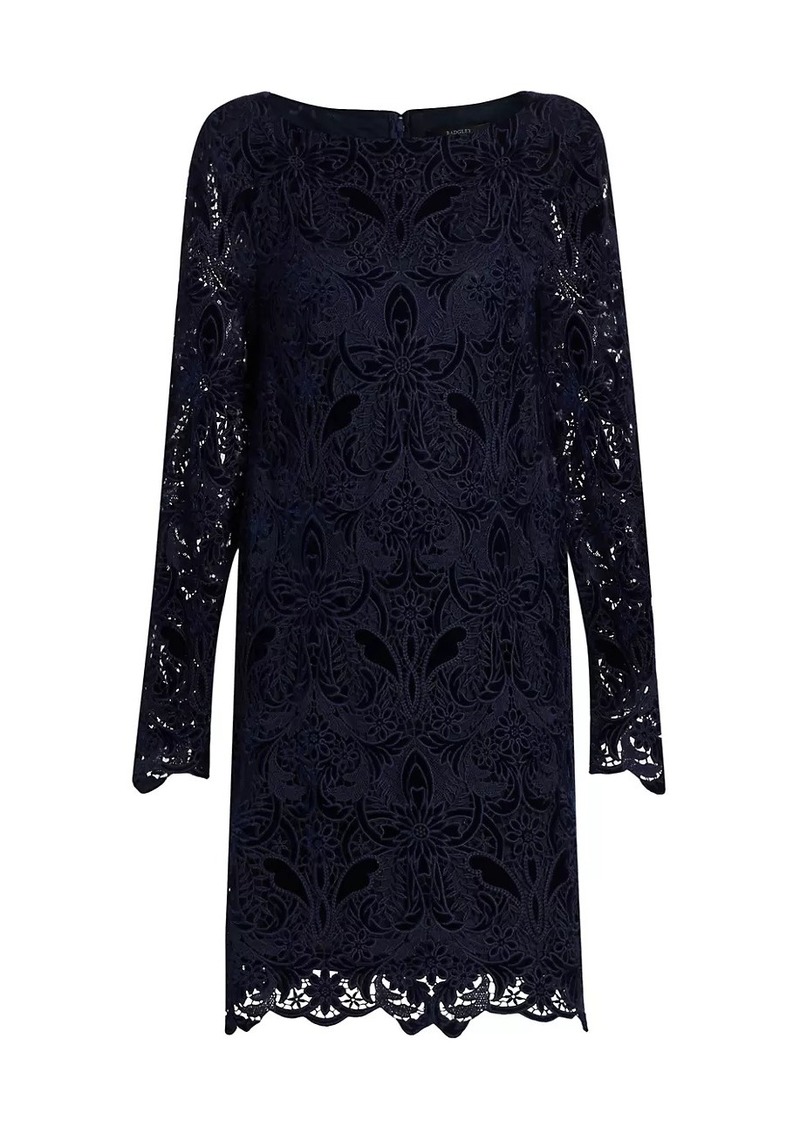 Badgley Mischka Velvet-Lace Long-Sleeve Midi-Dress