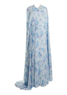 Balenciaga - Floral Plisse Maxi Cape Dress - Blue - FR 36 - Moda Operandi