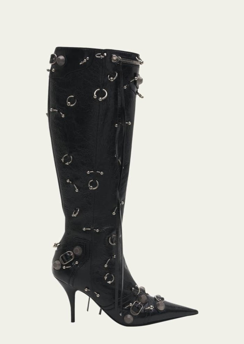 Balenciaga Cagole Leather Embellished Zip Knee Boots